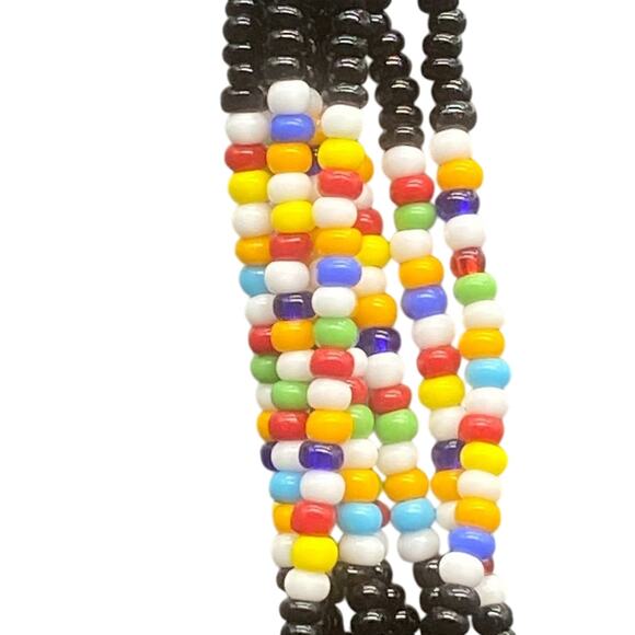 NWOT Black Maasai Multi Strand Bead w/multi colored flowers-Stndrd Length w/clsp - Picture 3 of 7